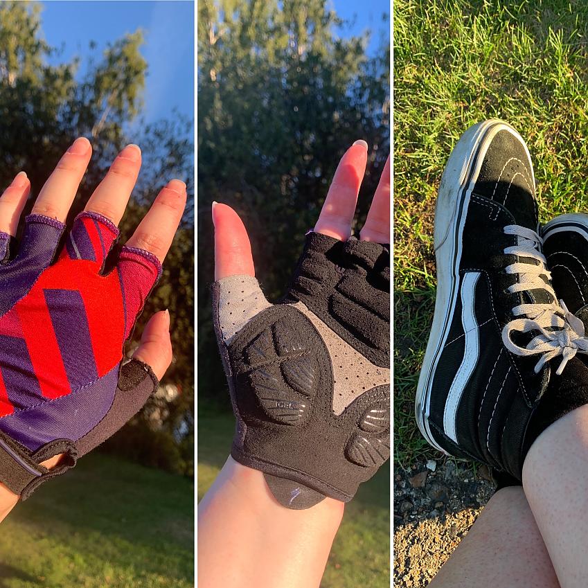 A series of close-up shots showing 1) fingerless cycling gloves from the front; 2) fingerless cycling gloves from the back; and 3) Vans trainers