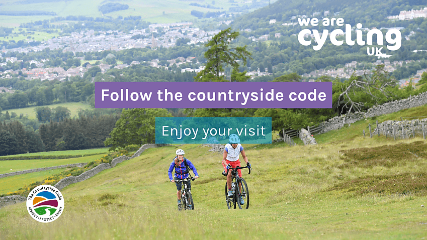Two women riding up a grassy hill. Text overlay says "Follow the Countryside Code, enjoy your visit"