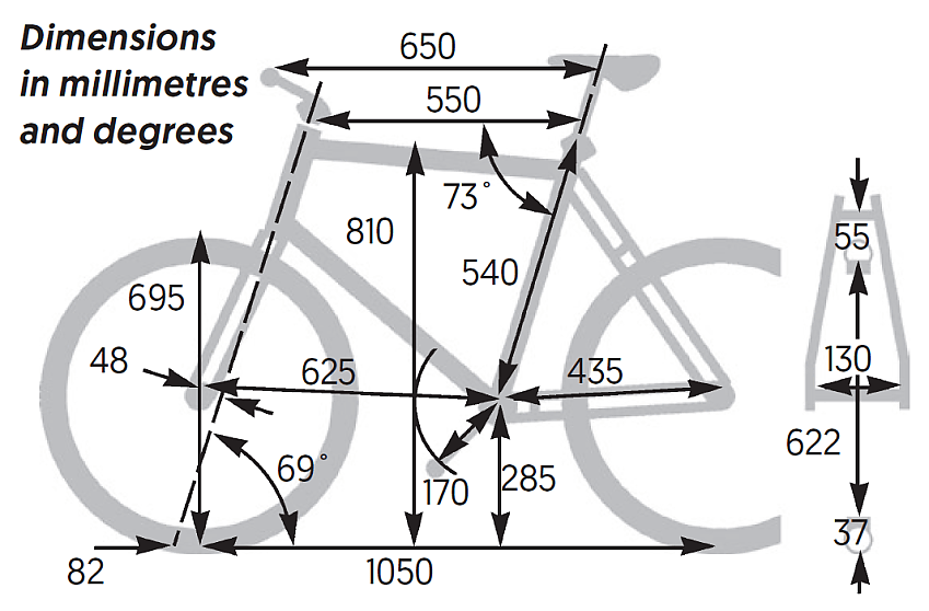 Adventure Flat White frame dimensions in millimetres and degrees