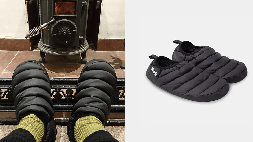 Alpkit Rifugio slippers worn before a wood burning stove on the left, and then stock image of the slippers on their own with a white background