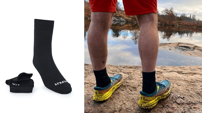 A pair of black socks on the left then a separate image on the left showing the same socks being worn with shoes, red shorts with a lake in the background