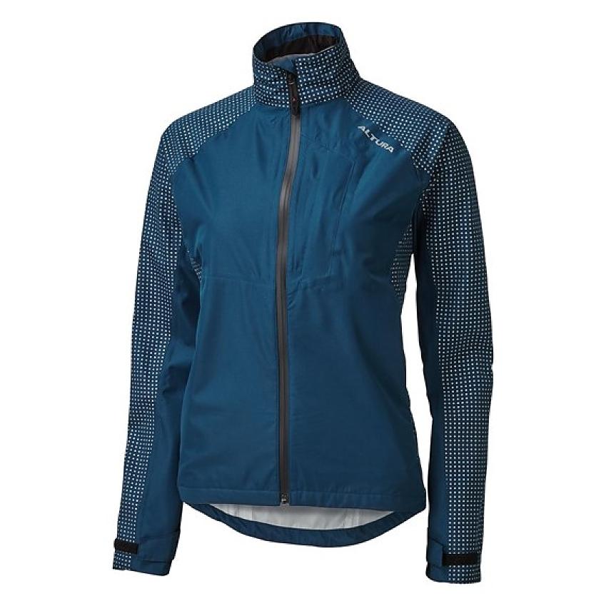 The Altura Nightvision Storm Women’s Cycling Jacket, a blue waterproof cycling jacket with reflective spots on the arms, shoulders and collar