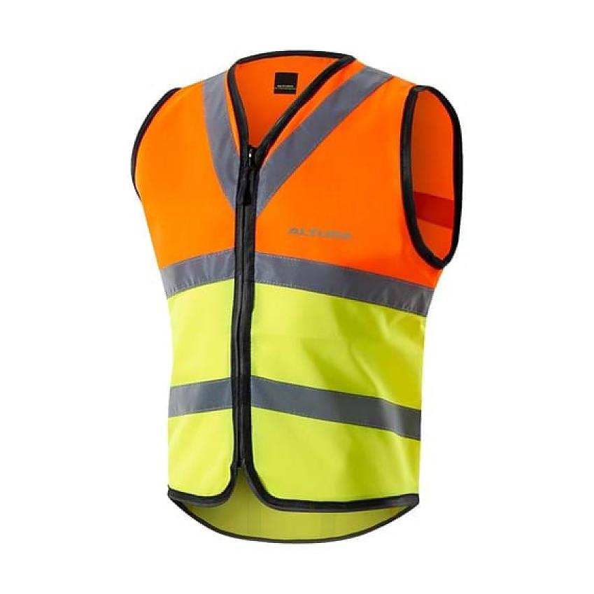 An orange and yellow cycling vest with reflective strips. It looks a bit like something a foreman might wear on a building site