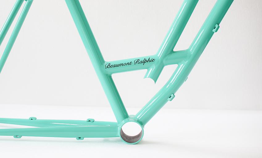 A turquoise Beaumont Bicycle bespoke frame