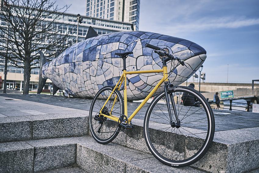 A bicycle rests on a step in front of a sculpture of a Salmon