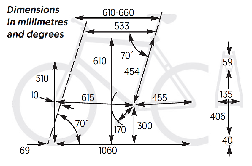 ARCC Moulton TSR frame dimensions in millimetres and degrees