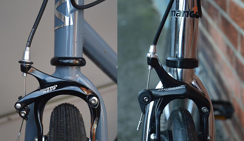 A composite image showing the front brake on both bikes