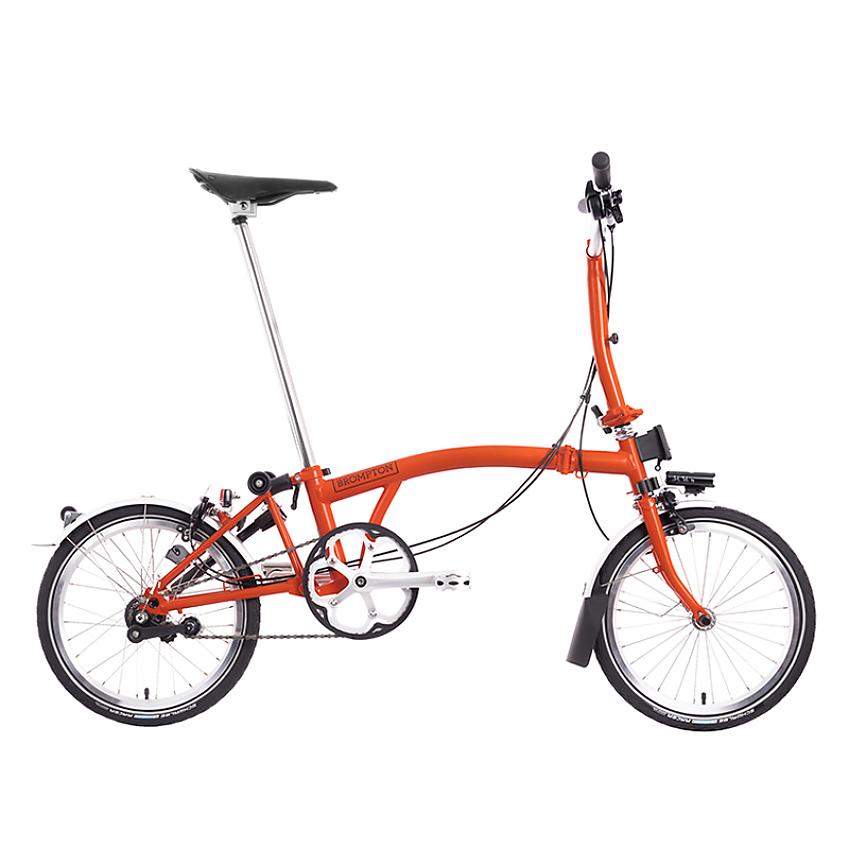 Brompton M3L, an orange folding bike