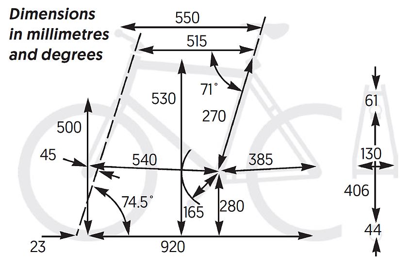 B’Twin Oxylane 100 frame dimensions in millimetres and degrees