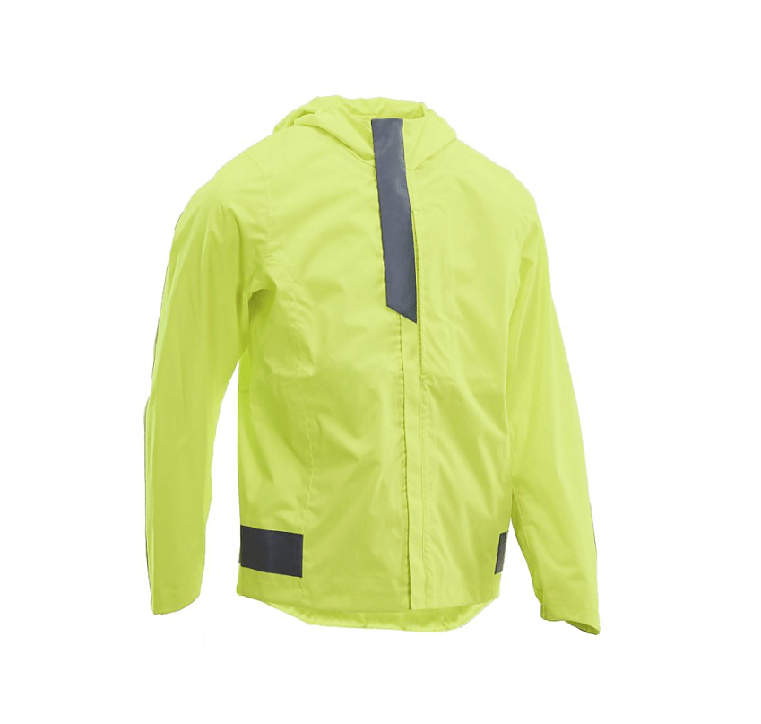 Decathlon 500 Kids’ waterproof HI-VIS cycling jacket in bright yellow with some reflective panels