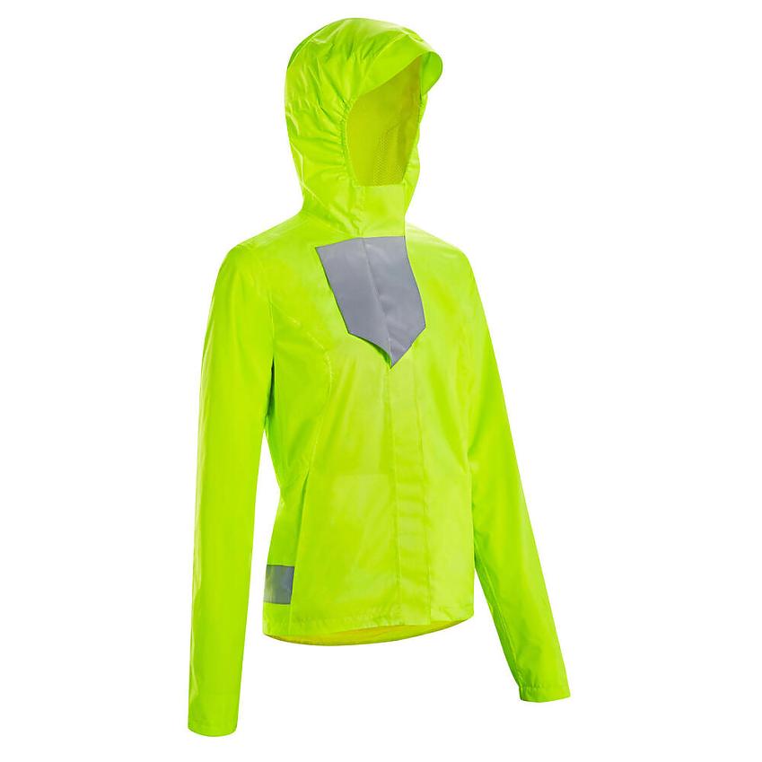 The B’Twin 500 Waterproof Urban Cycling Jacket, a bright yellow waterproof cycling jacket with large reflective strips on the front and sides and a hood