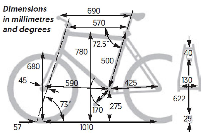 B'Twin Triban frame dimensions in millimetres and degrees
