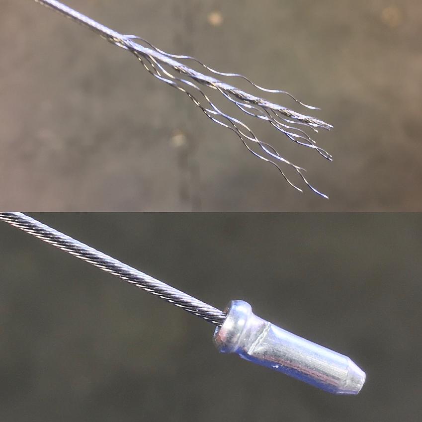 Two images of woven cables, the top one shows the end frayed, the bottom one shows it retwisted and the cap replaced