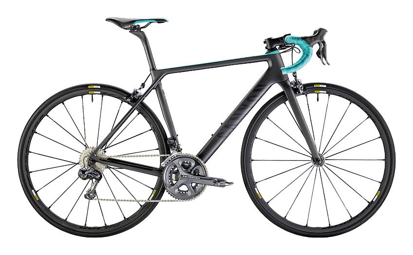 Canyon Ultimate CF SLX 8.0 Di2, a road bike in black with turquoise bar tape