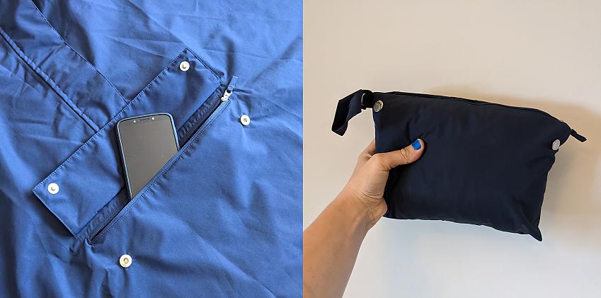 On the left, a phone pokes out of the pocket of the Weathergoods Imbris Rain Poncho. On the right, the poncho is folded up in its carry case
