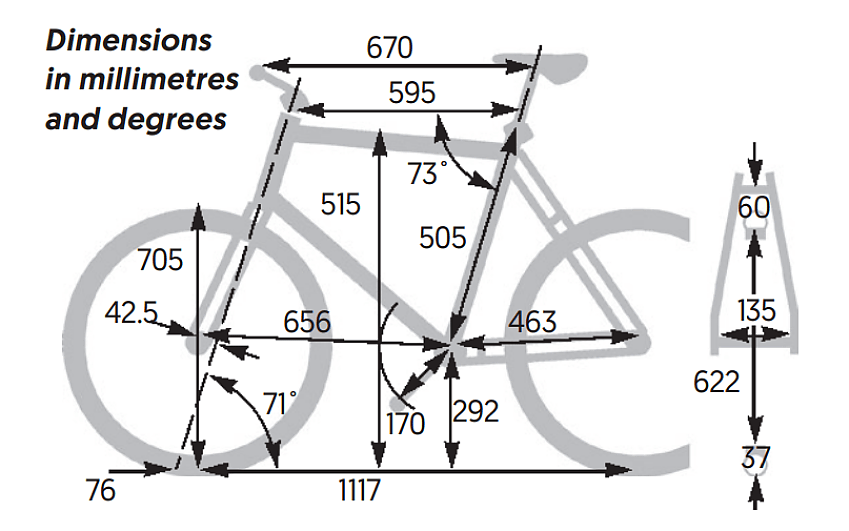 Bristol Bicycles Touring Step-through frame dimensions in millimetres and degrees