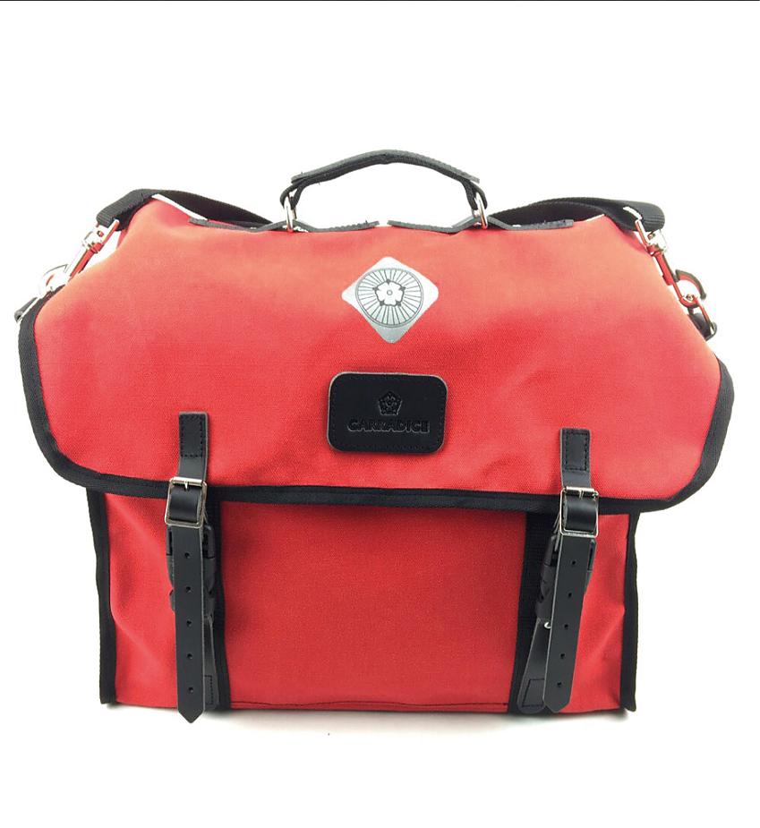 Carradice Originals City Folder, a red bike bag for a Brompton. It looks like an old-school satchel