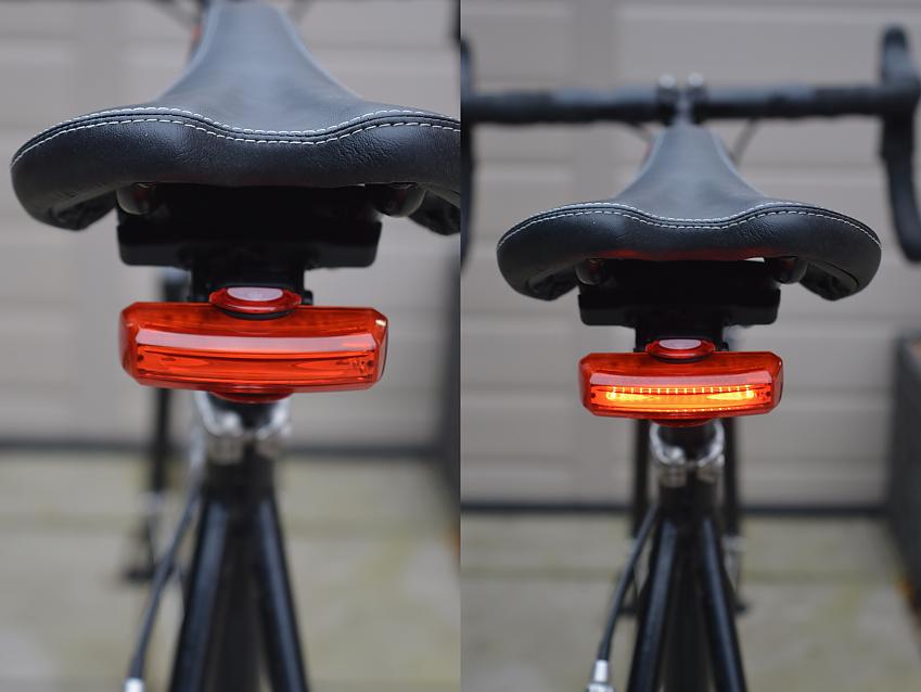 An amalgamated shot of a red rear bike light mounted under the seat, the left isn't lit up, the right is