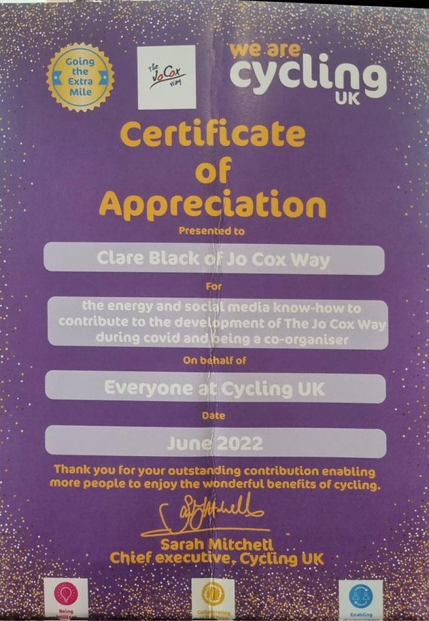 Clare Black’s Going the Extra Mile certificate