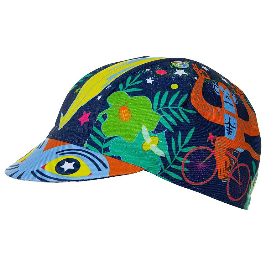 A Cinelli Jungle Zen cap, with a pattern showing lots of animals, including a gorilla on a bicycle
