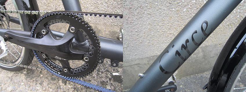 Close-ups of the Circe Eos's chainring (left) and its down tube (right)