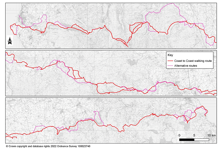 An image showing three maps which demonstrate different variations for the Coast to Coast path