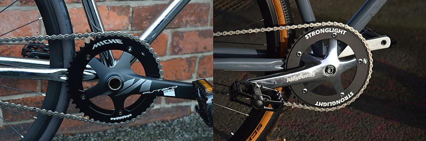 A composite image showing both bikes' chainring and crank