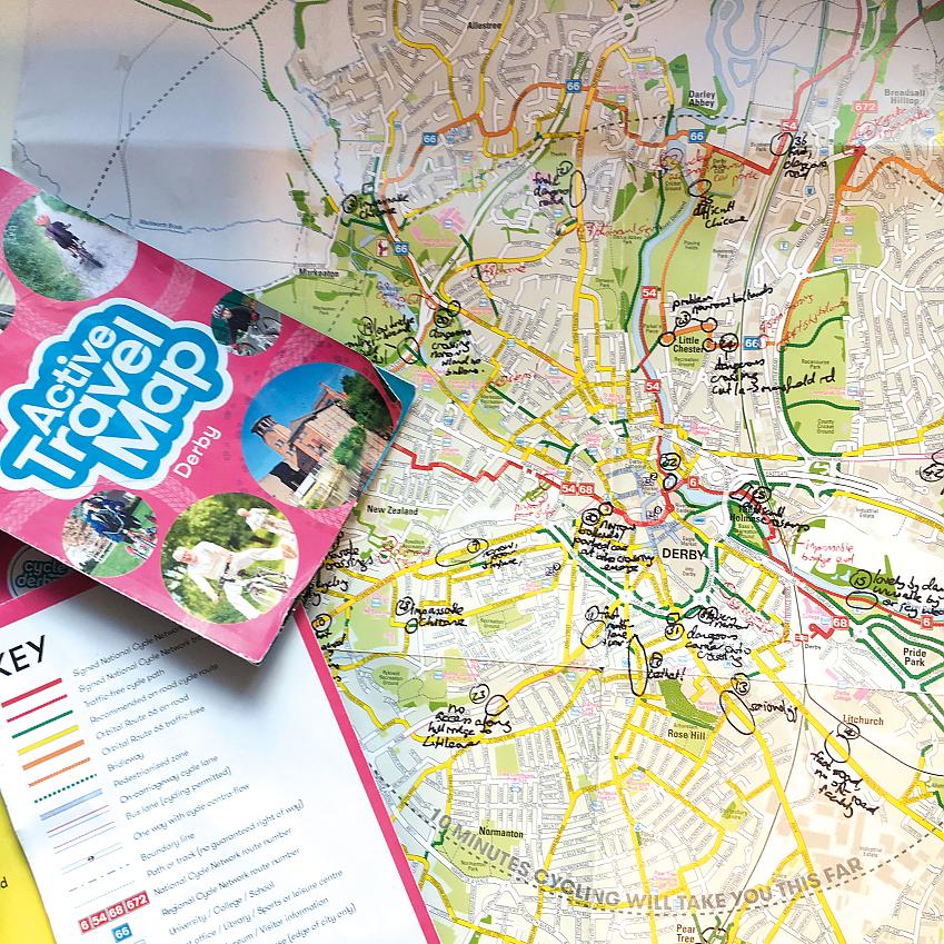 A map of Derby with the words ' Active Travel map Derby'