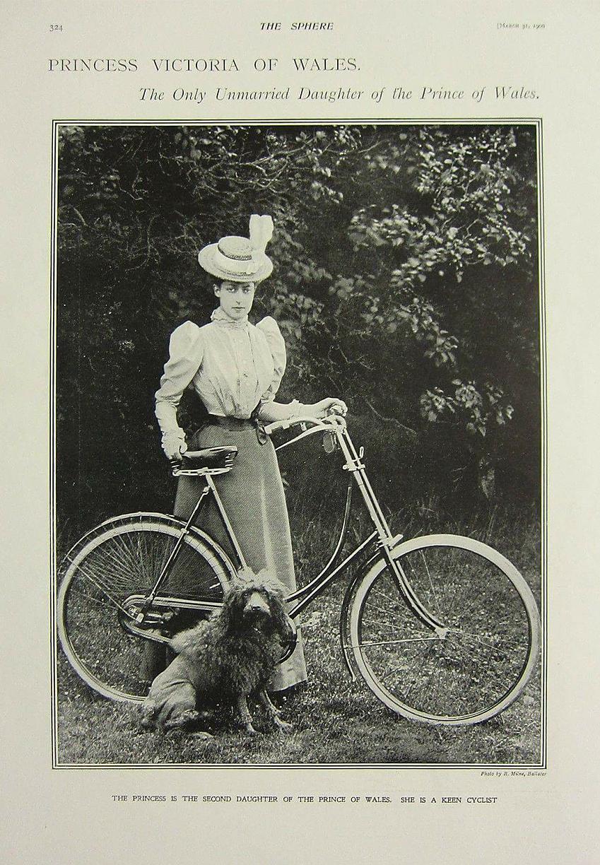 A sepia scan of a page from the Sphere magazine showing Princess Victoria, daughter of Queen Victoria, with a bicycle and a dog