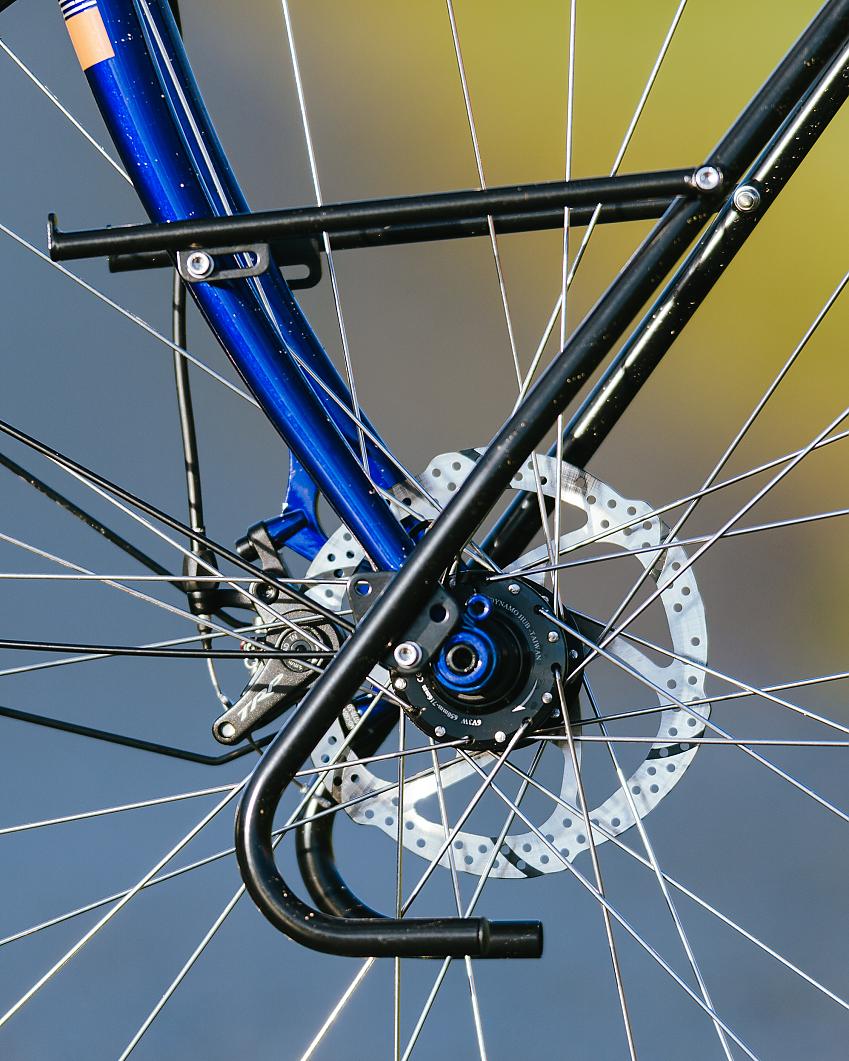 A close-up of the Bombtrack Arise Tour showing its disc brakes