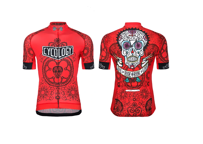 A bright red short-sleeved cycling jersey, with a skull pattern devised from bike parts. The skull is Day of the Dead style. The front features the Cycology logo, the back says Live to Ride, Ride to Live