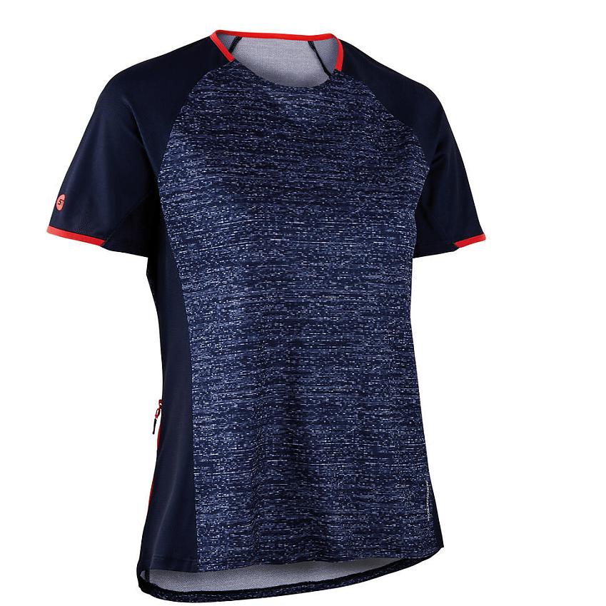 A short-sleeved cycling jersey. It's navy blue with a blue marl front and red highlights on collar and cuffs