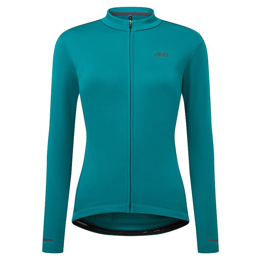 The dhb Women’s Long Sleeve Thermal Jersey, a long-sleeved winter cycling jacket in turquoise