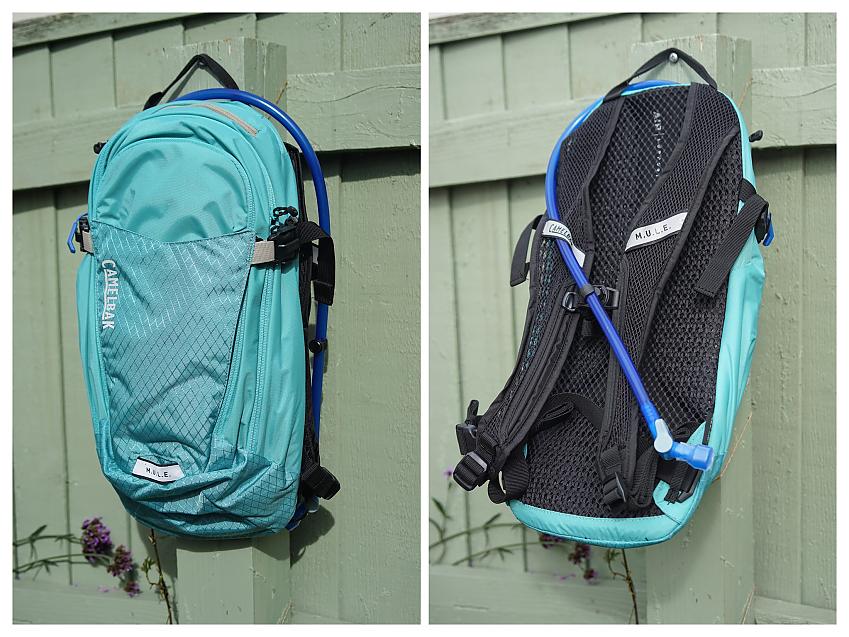 A composite image showing a light blue backpack from the front and the back
