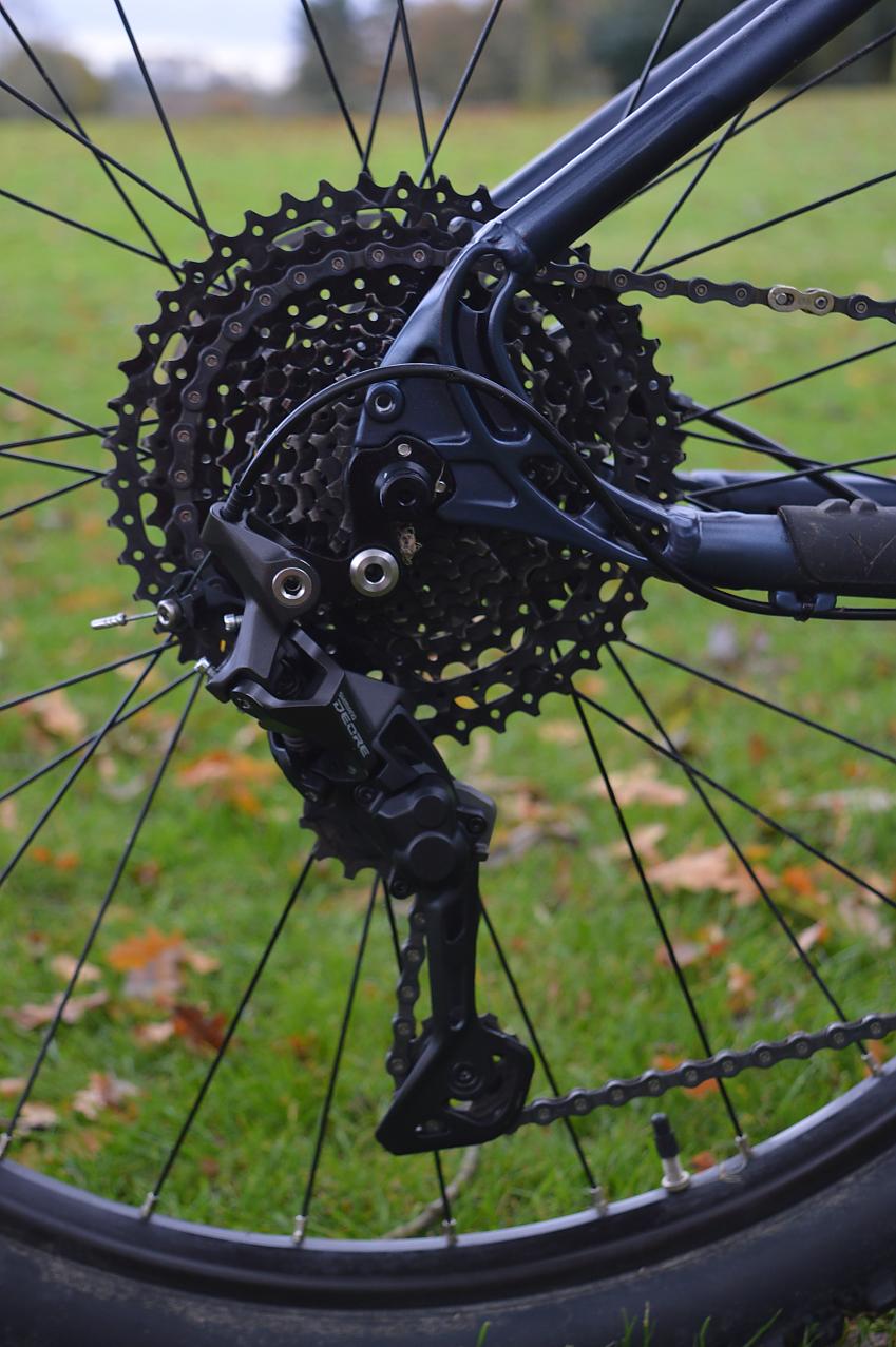 A close-up of the rear gear hub on a mountain bike