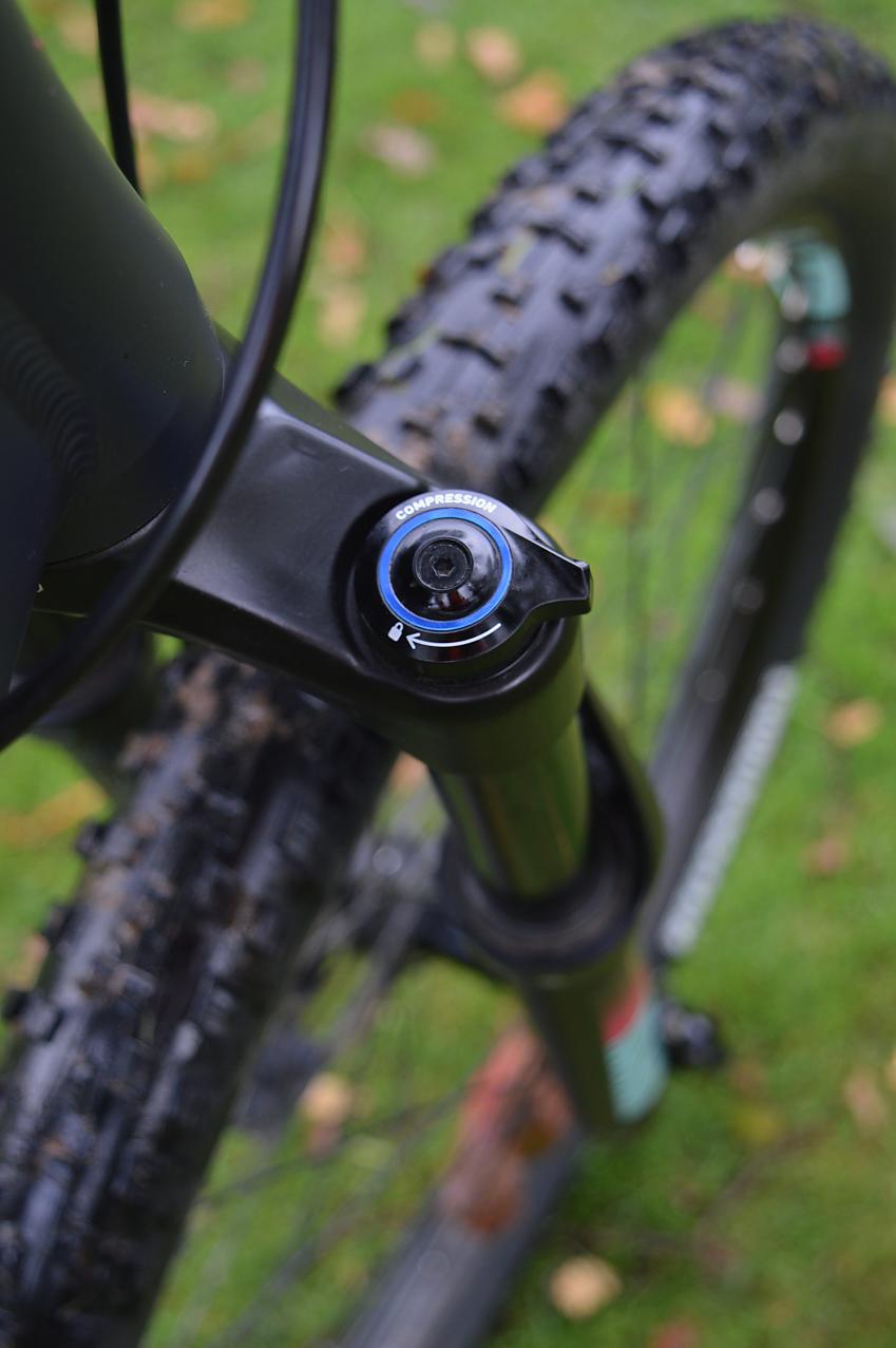 A close-up of the suspension on a mountain bike