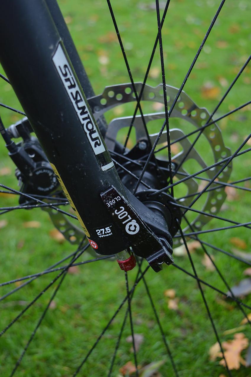 A close-up of a mountain bike wheel hub