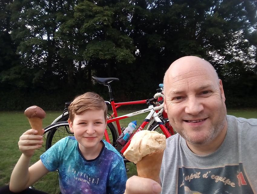Cycling UK director, Matt Mallinder and son, Ollie enjoy a ride and an ice cream break during the World's Biggest Bike Ride