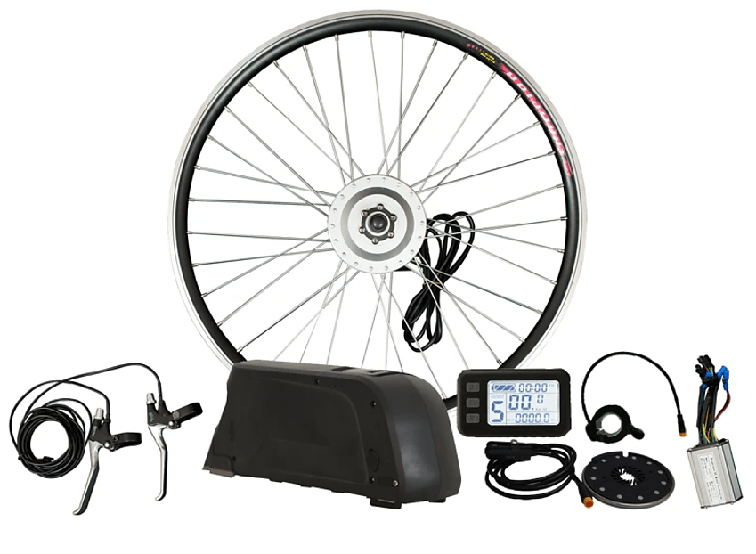 Electric Bike Conversions front wheel conversion kit, comprising cables, brakes, power pack, power monitor and cables