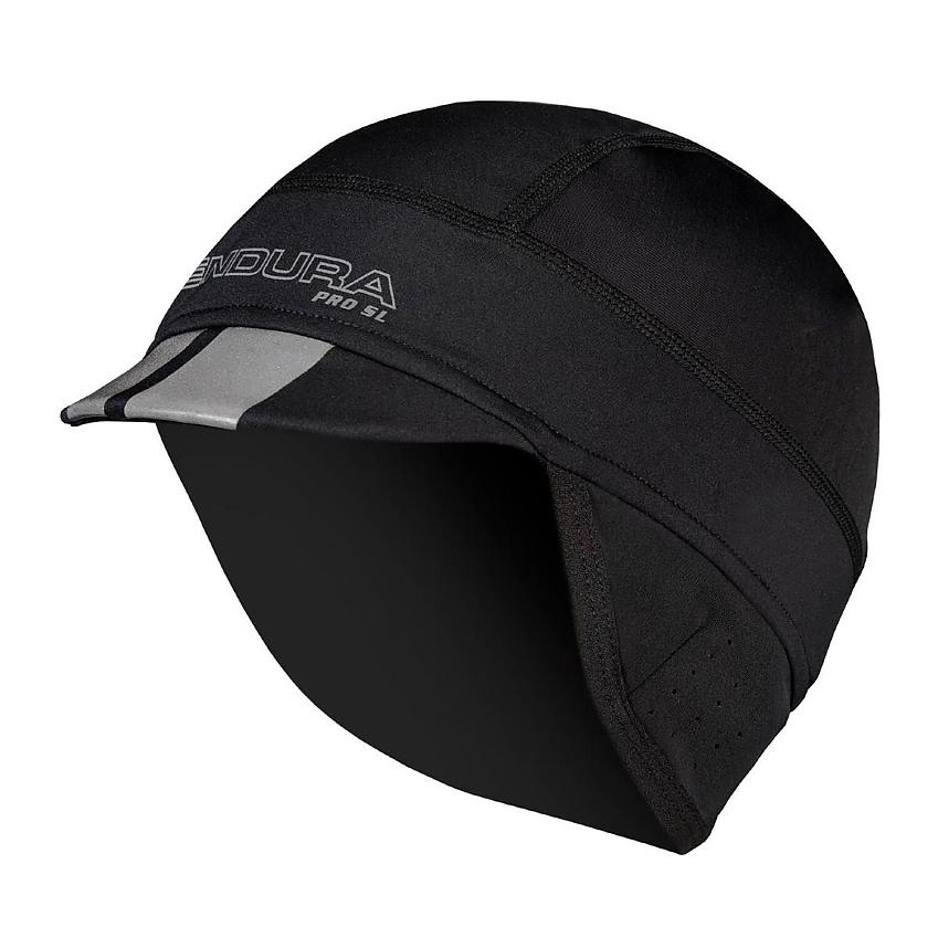 Black cycling cap with reflective silver stripes on the peak