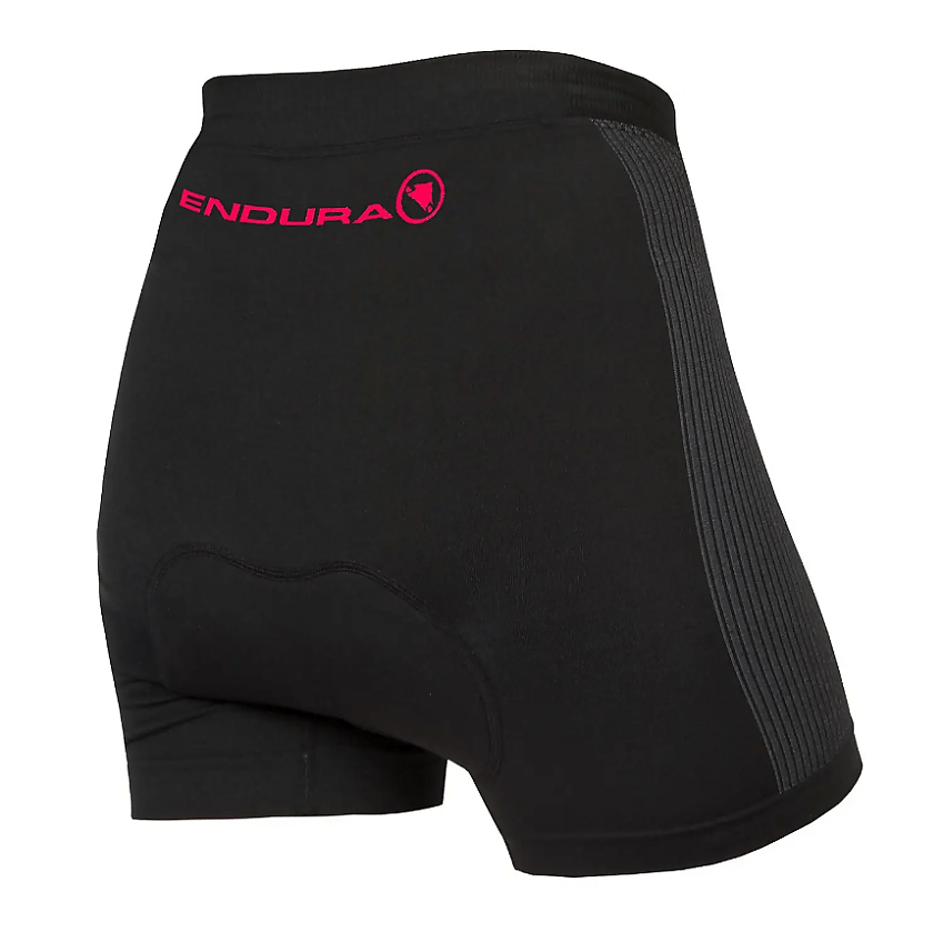 A pair of Endura padded cycling pants shown from the back. They're black with grey stripes down the side and the Endura logo in red