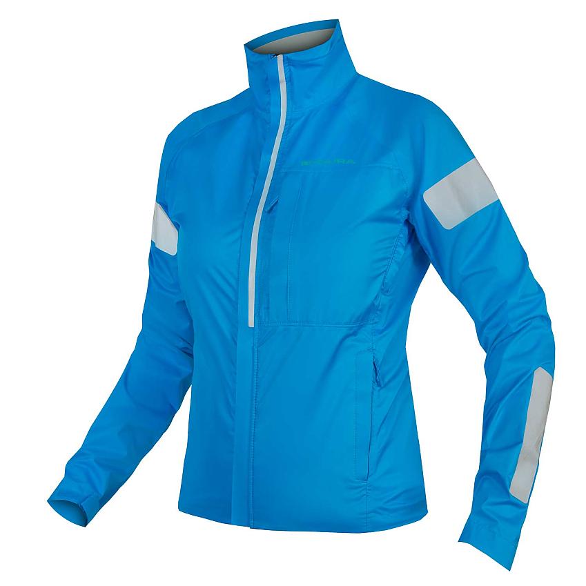 The Endura WMS Urban Luminite Jacket, a light blue waterproof cycling jacket with large reflective patches on the arms and a reflective strip down the zip