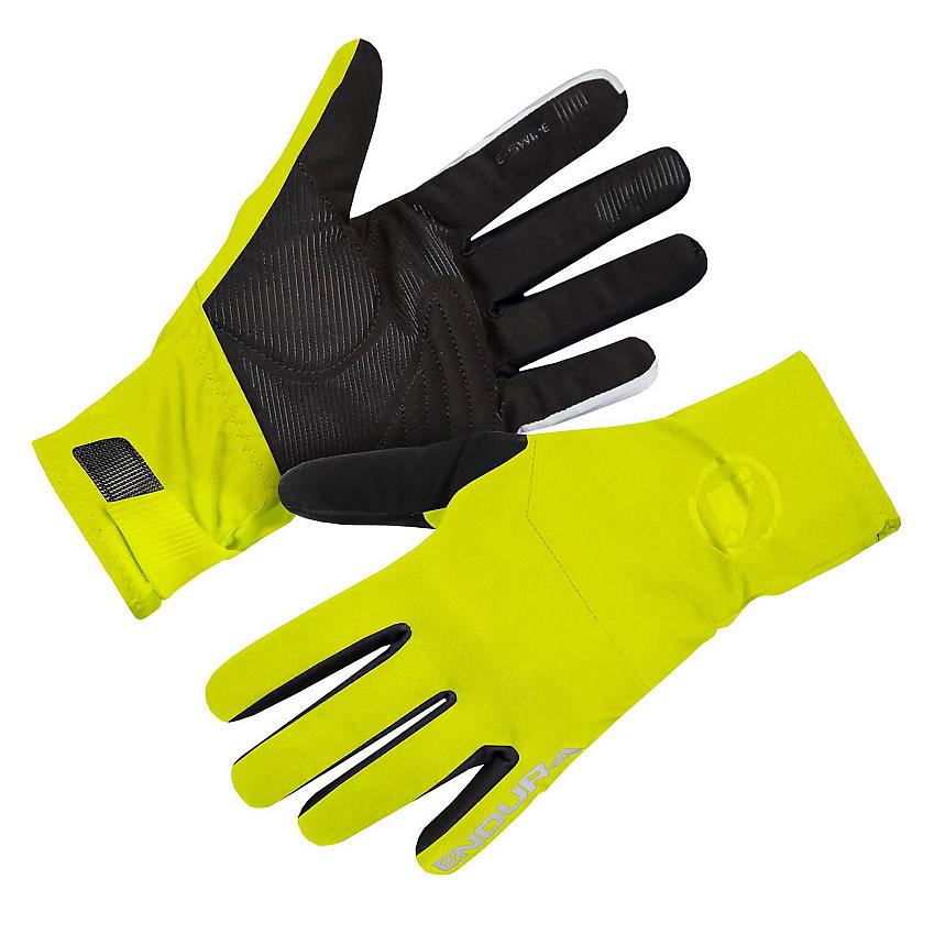 A pair of Endura Deluge Gloves, with bright yellow backs and black fronts. The little fingers have the Endura logo in reflective material