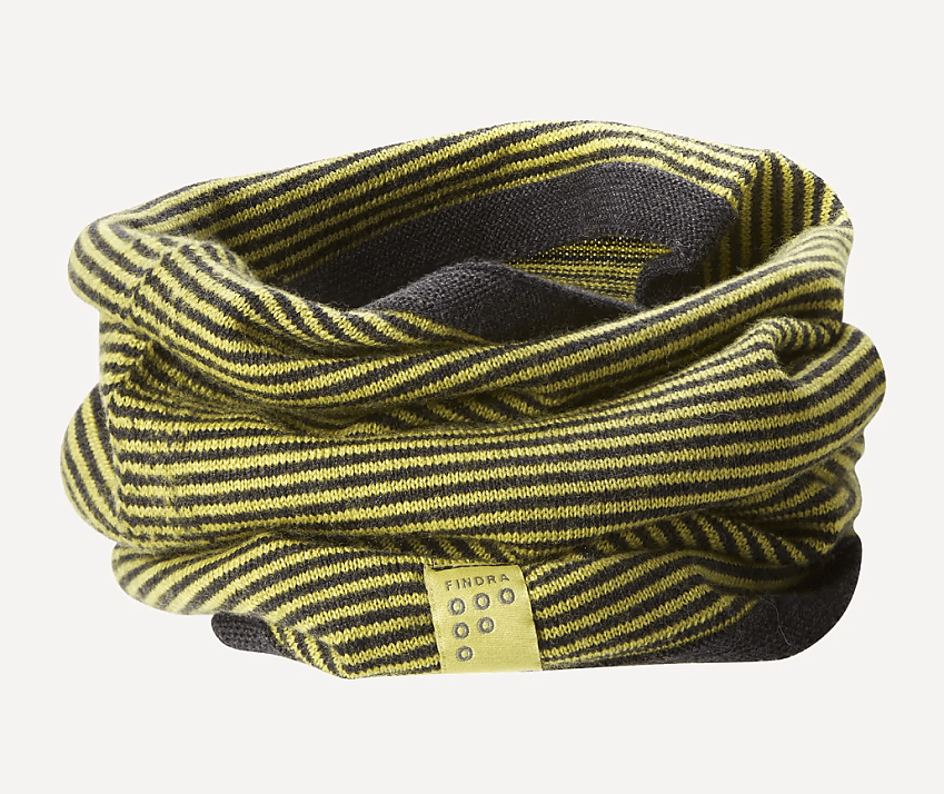 A wool neck warmer in a yellow and grey stripe design