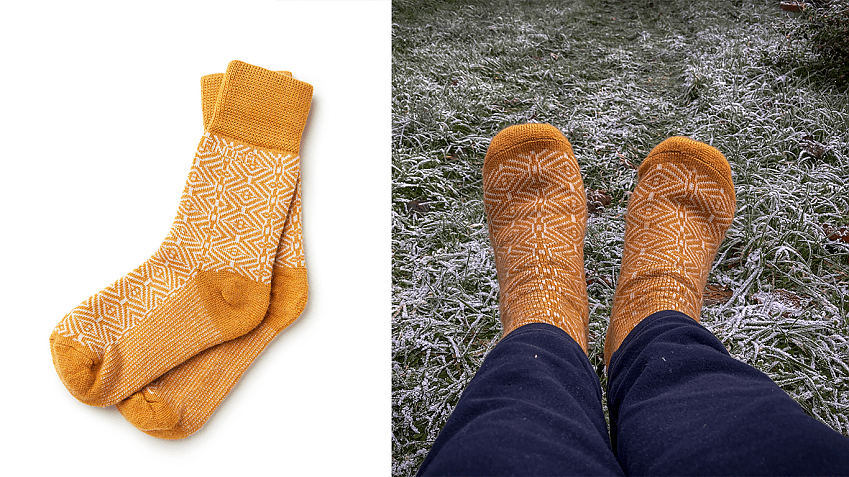 Stock image of FINDRA Nordic socks in yellow on white background on the left, with image on the left showing same socks worn against the backdrop of a frosty lawn