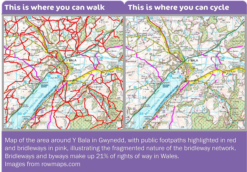 Map showing footpaths and bridleways around Y Bala, north Wales