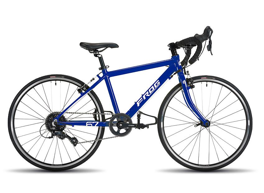 Frog 67, a blue children's road bike against a white background