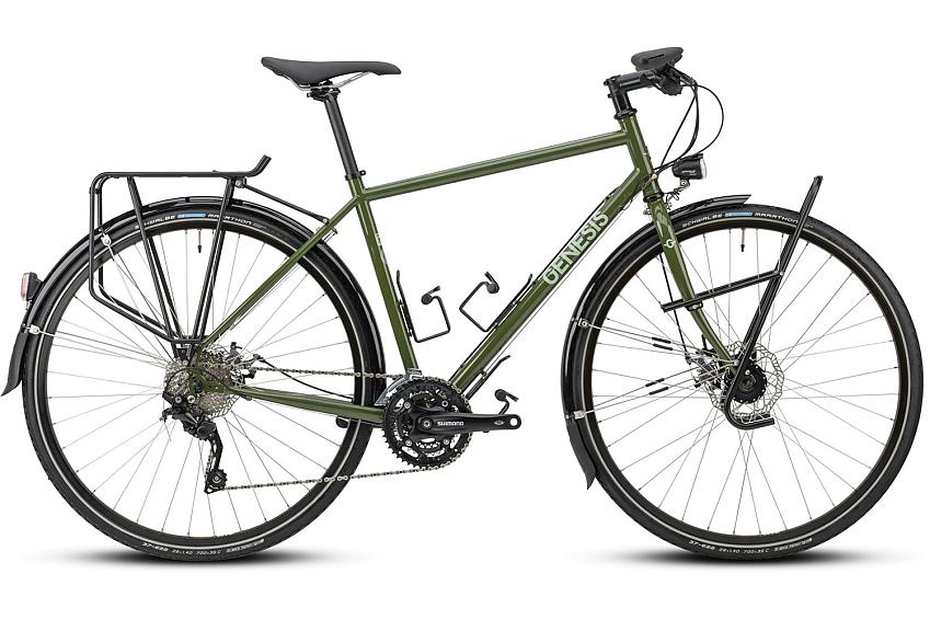 Genesis Tour De Fer 20, a green touring bike with flat handlebar, front and rear racks and mudguards