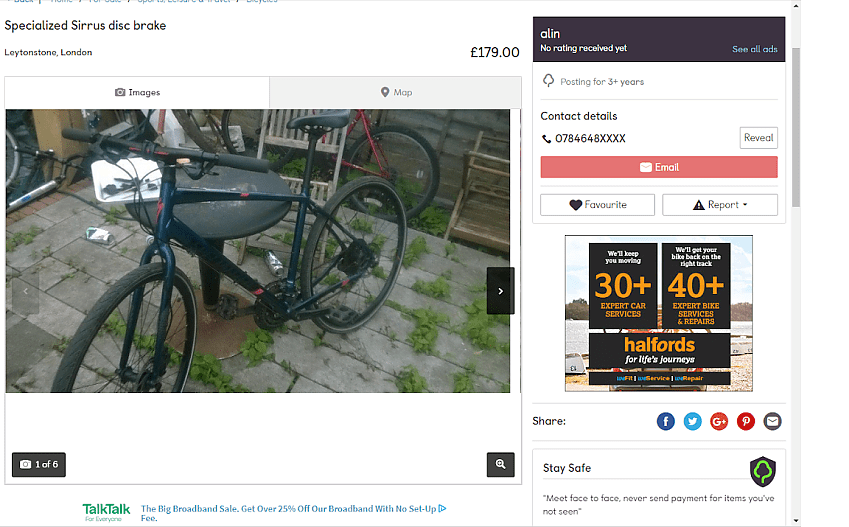 The Gumtree ad; poor quality photos and no detail indicate possible theft