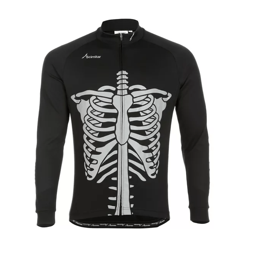 A black long-sleeved cycling jersey with a white rib cage and spinal column pattern